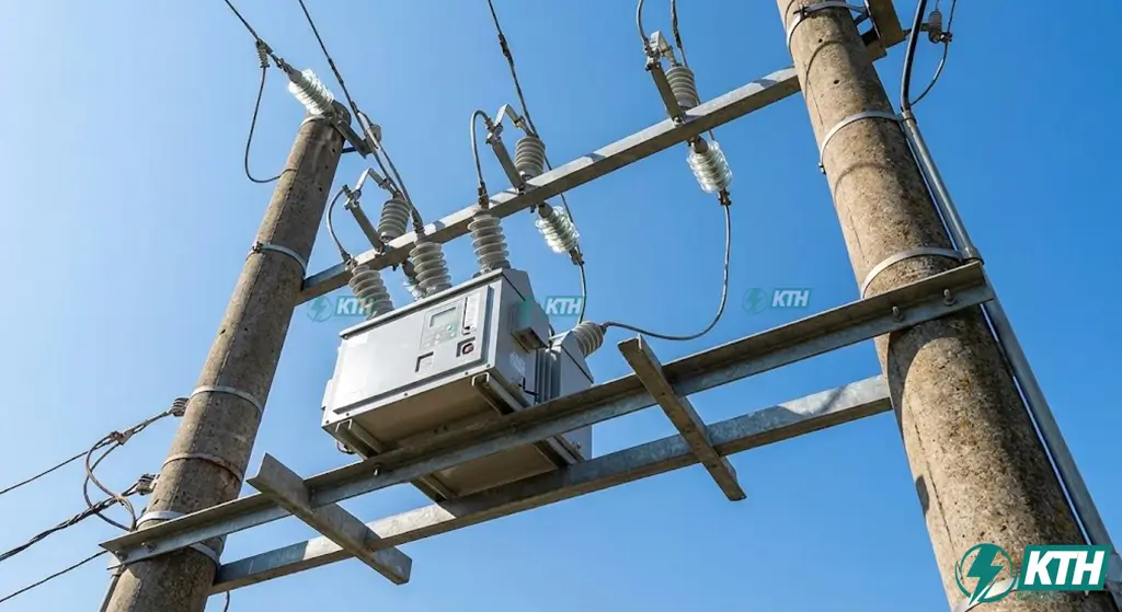 Hình ảnh thực tế trạm cắt Recloser 22kV ngoài trời lắp đặt trên cột bê tông ly tâm giúp phân đoạn sự cố lưới điện.