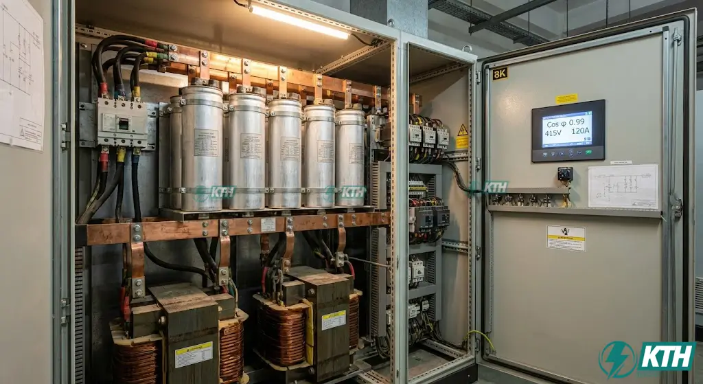 Bên trong tủ tụ bù công suất phản kháng tự động có lắp đặt cuộn kháng lọc sóng hài chuyên dụng cho xưởng cơ khí nhiều biến tần.