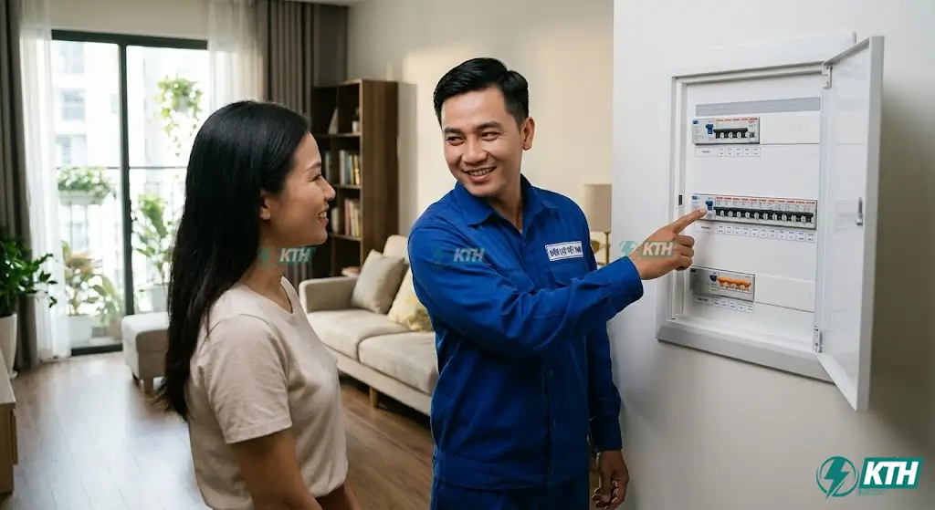 Thợ điện đang hướng dẫn chủ nhà về tủ điện gia đình] có lắp đặt thiết bị chống giật RCD theo quy chuẩn kỹ thuật QCVN 25:2026] mới nhất.