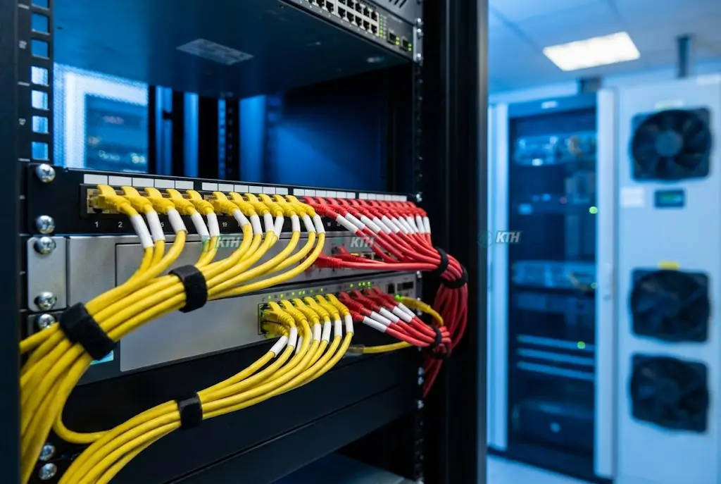 Đấu nối tủ Rack server và Patch Panel chuẩn Cat6 cho hệ thống mạng văn phòng.