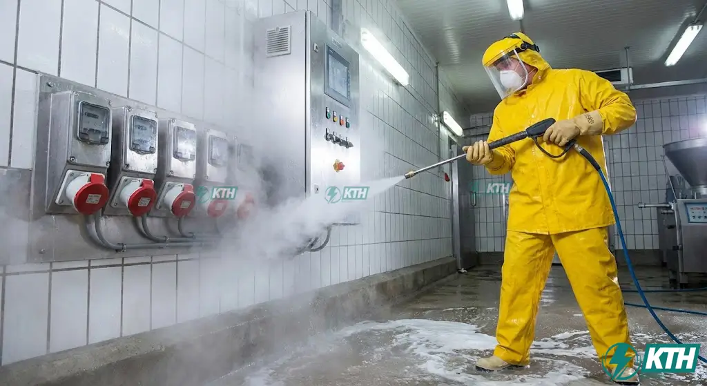 Nhân viên vệ sinh dùng vòi phun nước áp lực cao nóng xịt rửa trực tiếp vào tủ điện inox và ổ cắm công nghiệp đạt chuẩn IP69K trong khu vực chế biến ướt.
