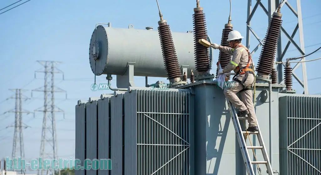 Bảo dưỡng vệ sinh sứ cách điện và cánh tản nhiệt cho máy biến áp dầu 3 pha.