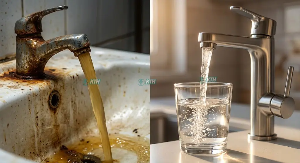 So sánh nước giếng khoan nhiễm phèn màu vàng và nước sau lọc trong sạch.