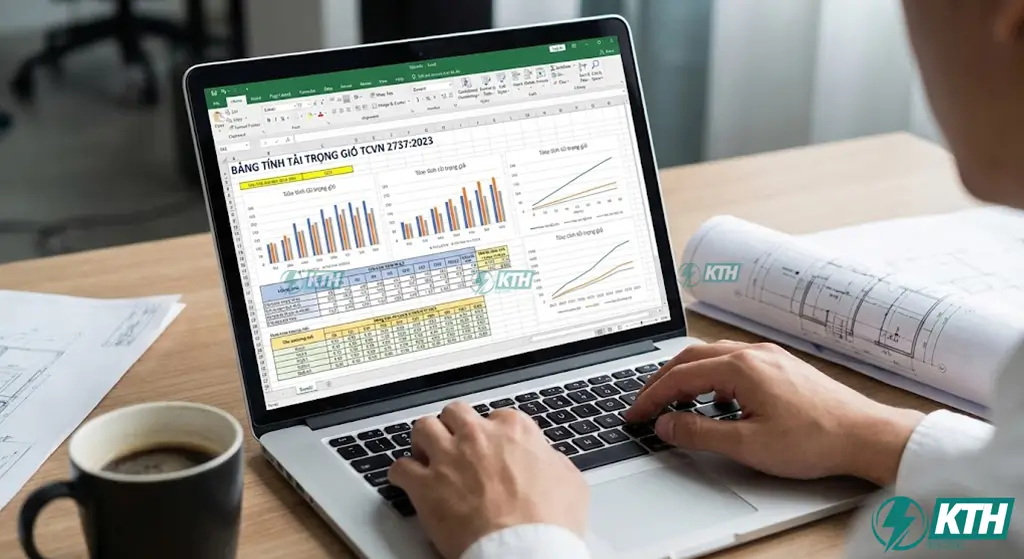 Màn hình hiển thị bảng tính Excel tự động hóa tính toán tải trọng gió động và tĩnh theo tiêu chuẩn mới nhất.