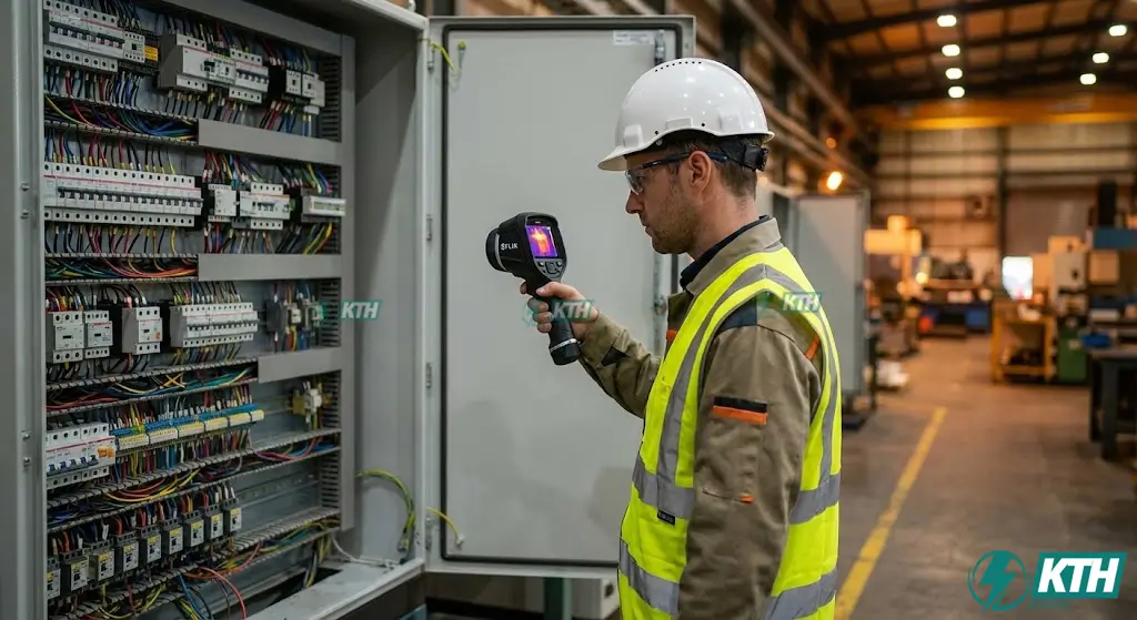Kỹ sư KTH Electric đang thực hiện dịch vụ scan nhiệt tủ điện công nghiệp bằng camera hồng ngoại chuyên dụng để phát hiện điểm nóng.