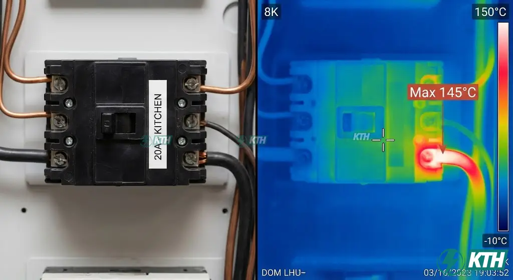 Hình ảnh so sánh sự khác biệt giữa mắt thường và camera nhiệt hồng ngoại phát hiện lỗi quá nhiệt tại đầu cos dây điện.