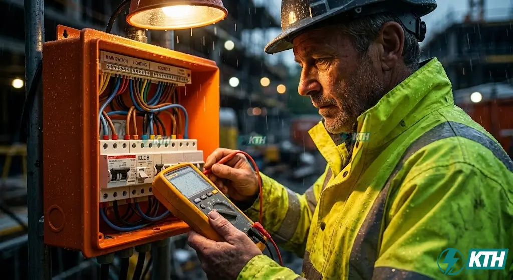 Kỹ sư điện KTH Electric đang kiểm tra tủ điện thi công tạm thời, đảm bảo lắp đặt Aptomat chống giật ELCB và hệ thống tiếp địa an toàn theo quy phạm TCVN 5308 và TCVN 7447.