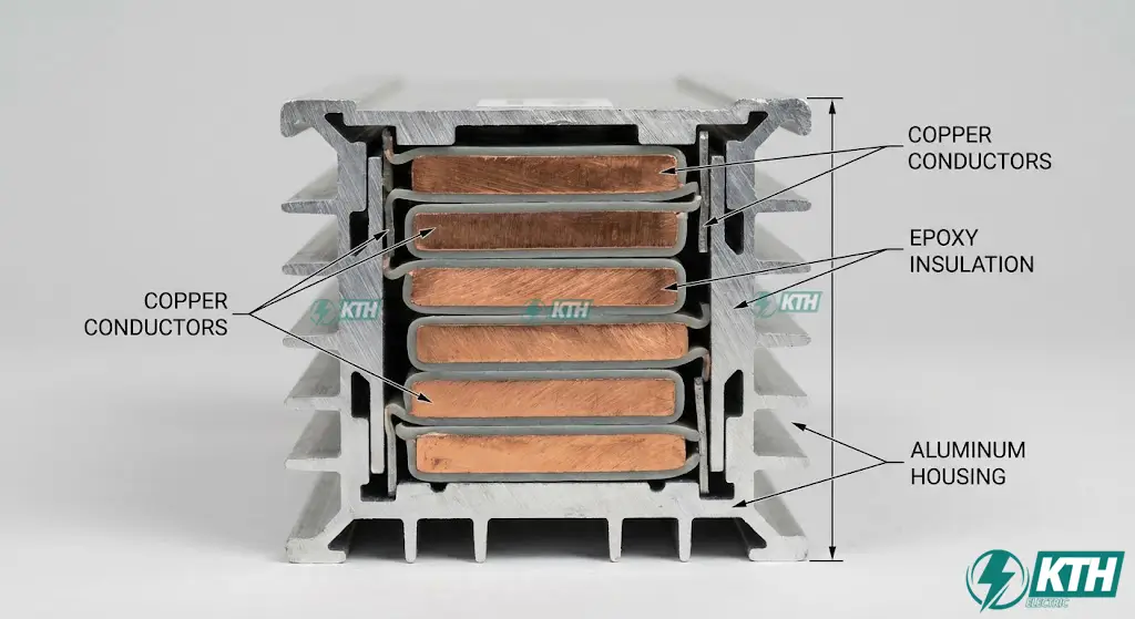 Mặt cắt ngang kỹ thuật của thanh cái Busway công nghệ xếp chồng (Sandwich) với các lá đồng được ép chặt và cách điện bằng Epoxy.