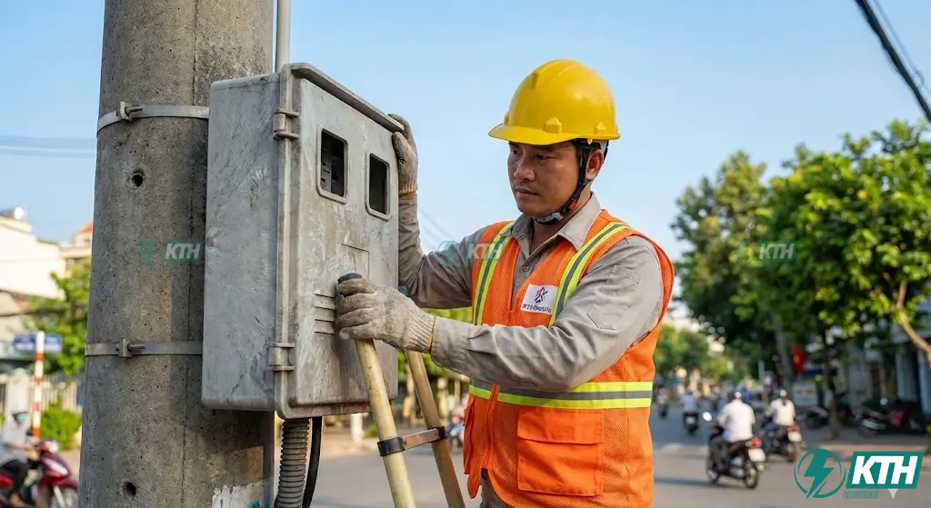 Kỹ sư điện KTH Electric đang kiểm tra bảng điện cửa cột composite SMC an toàn trên lưới điện hạ thế.