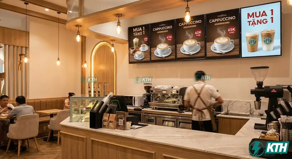Hệ thống bảng hiệu Menu điện tử LCD sắc nét được lắp đặt tại quầy order quán cafe khu vực Phú Mỹ Hưng, Quận 7.