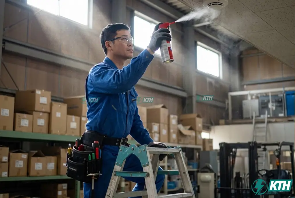 Kỹ thuật viên KTH Electric đang thực hiện quy trình bảo trì, vệ sinh và test thử đầu báo khói định kỳ.