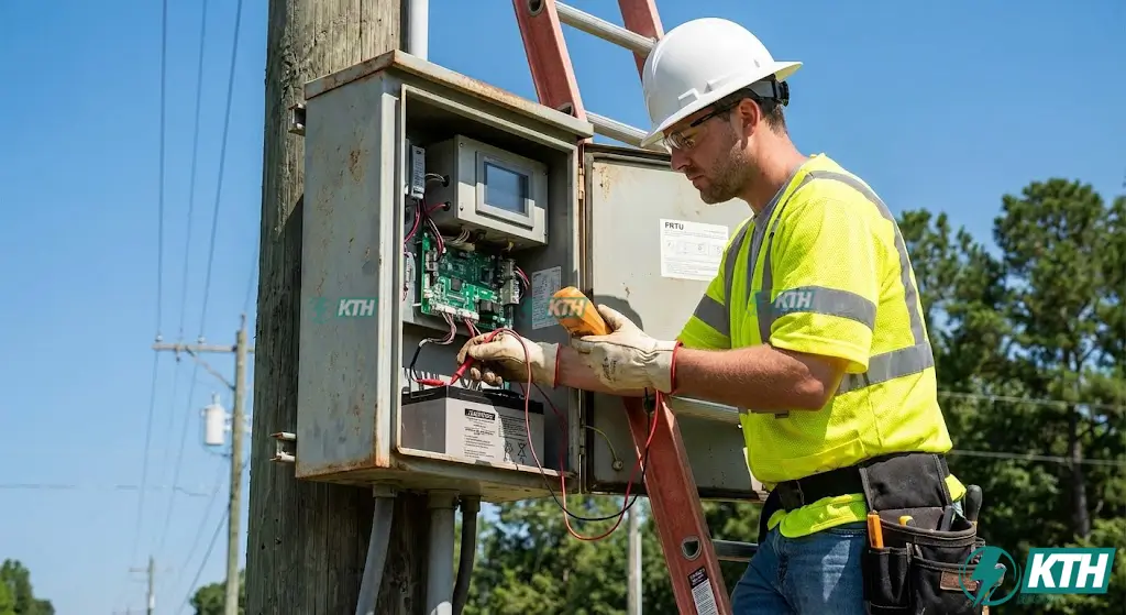 Kỹ sư KTH Electric thực hiện bảo trì, kiểm tra ắc quy và cấu hình tủ FRTU tại hiện trường