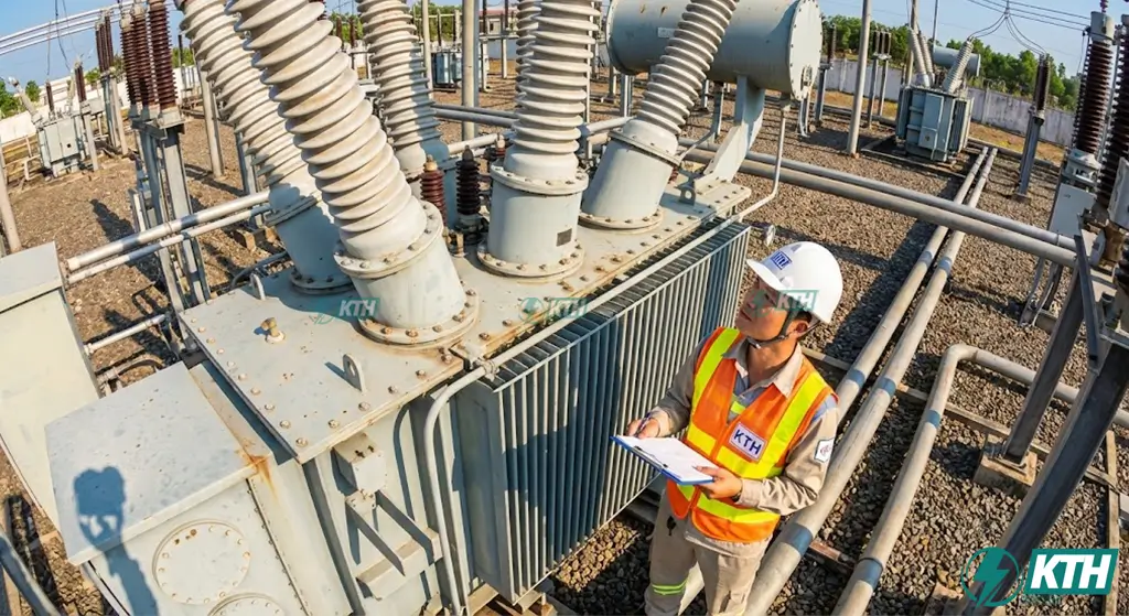 Kỹ sư KTH Electric đang thực hiện quy trình kiểm tra bảo trì trạm biến áp định kỳ cho nhà máy công nghiệp.