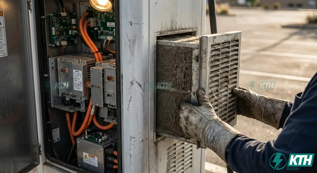 Kỹ thuật viên đang thực hiện bảo trì thay thế tấm lọc bụi bẩn bị tắc nghẽn bên trong tủ điện của trạm sạc nhanh DC để ngăn ngừa sự cố quá nhiệt và nổ tụ.