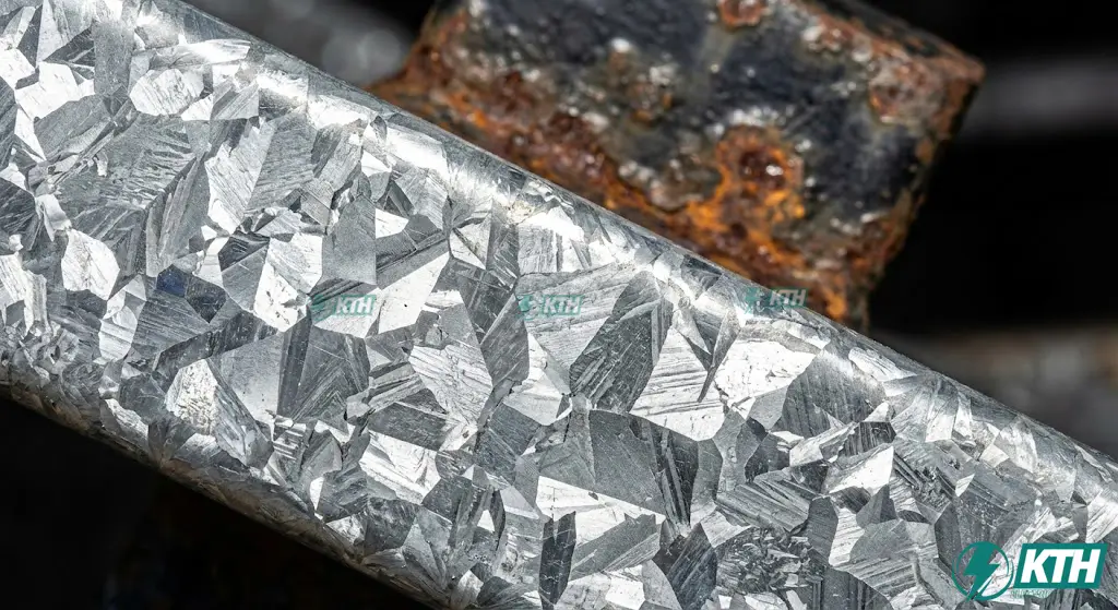 Cận cảnh lớp mạ kẽm nhúng nóng tiêu chuẩn ASTM A123 với hoa kẽm sáng bóng bảo vệ thép khỏi rỉ sét.