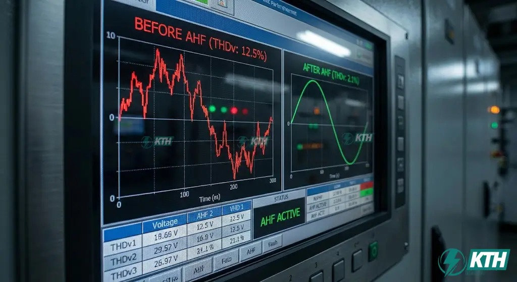 Màn hình hiển thị biểu đồ so sánh dạng sóng điện áp bị méo dạng trước khi lọc và dạng sóng sin chuẩn sau khi sử dụng bộ lọc sóng hài AHF.