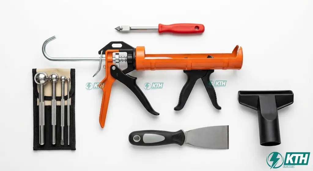 Trọn bộ dụng cụ thi công chà ron gạch bao gồm súng bắn keo, bi cầu vét ron, dao sủi và dụng cụ nạo vét mạch cũ.