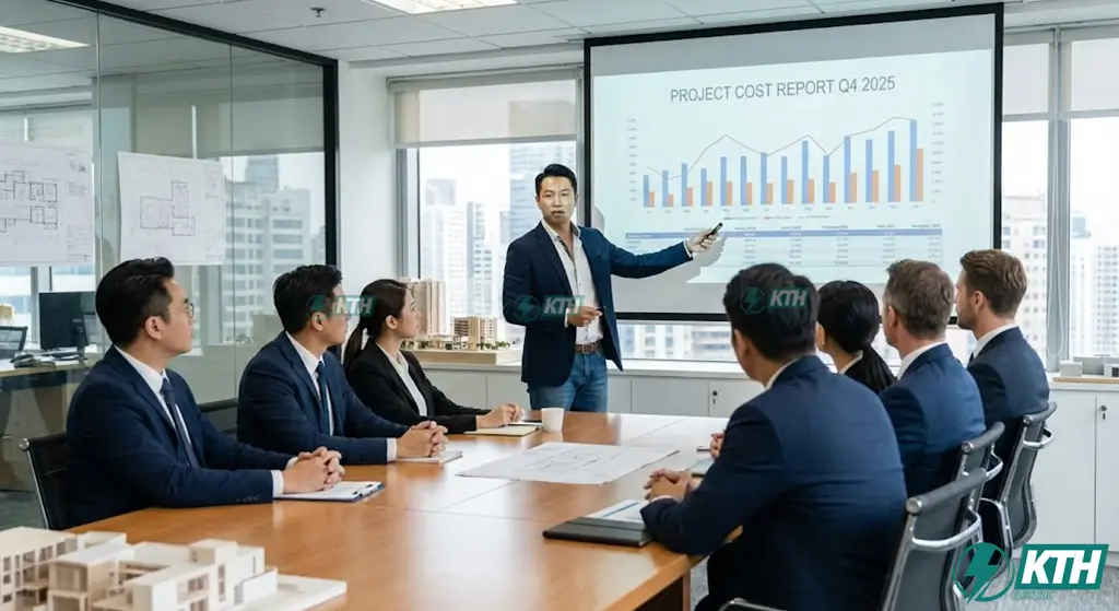 Kỹ sư QS đang thực hiện bóc tách khối lượng cơ điện và lập bảng BOQ dự toán trên bản vẽ kỹ thuật.