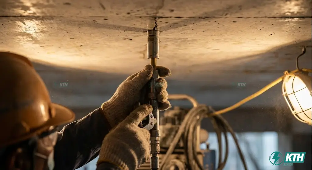 Kỹ thuật bơm keo Epoxy áp lực cao xử lý vết nứt trần bê tông bị thấm nước triệt để.