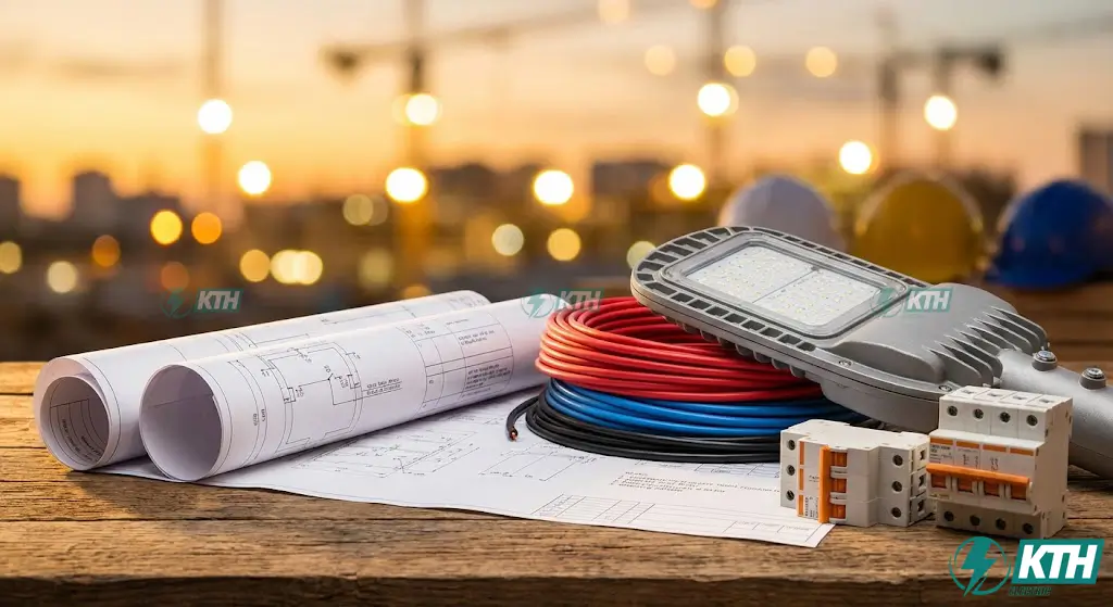 Các thành phần trong hệ thống chiếu sáng hạ thế gồm bản vẽ kỹ thuật, cáp điện và đèn LED đường phố.