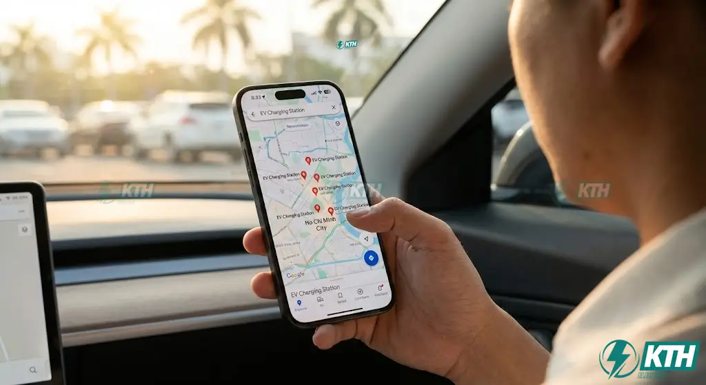 Tài xế đang sử dụng ứng dụng bản đồ trên điện thoại thông minh để lọc và tìm vị trí trạm sạc xe điện gần nhất có cổng CCS2.