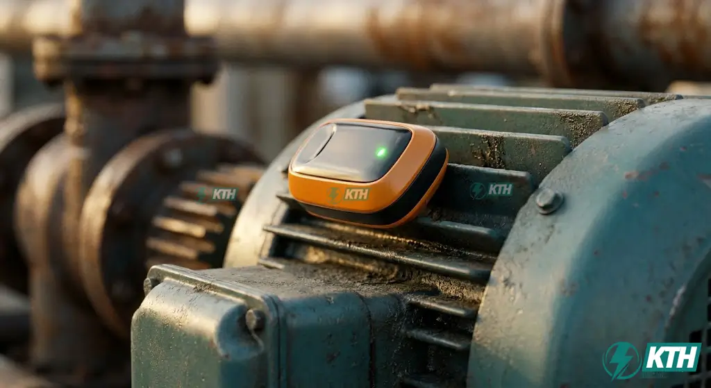 Cận cảnh cảm biến rung động không dây IoT được lắp đặt trực tiếp trên vỏ động cơ để giám sát sức khỏe vòng bi và phát hiện lệch trục.