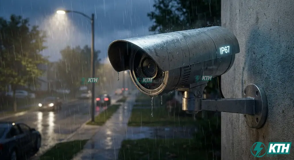 Camera thân trụ bullet lắp đặt ngoài trời chịu mưa nắng chuẩn IP67, giám sát an ninh cổng nhà trong điều kiện thời tiết xấu.