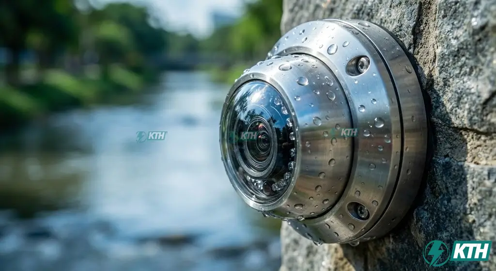 Camera giám sát chống ăn mòn vỏ thép không gỉ lắp đặt tại khu vực bờ kè sông hơi nước mặn Quận 7.