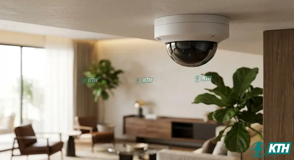 Camera dome ốp trần thiết kế tinh tế, nhỏ gọn được lắp đặt thẩm mỹ trong phòng khách gia đình hiện đại.