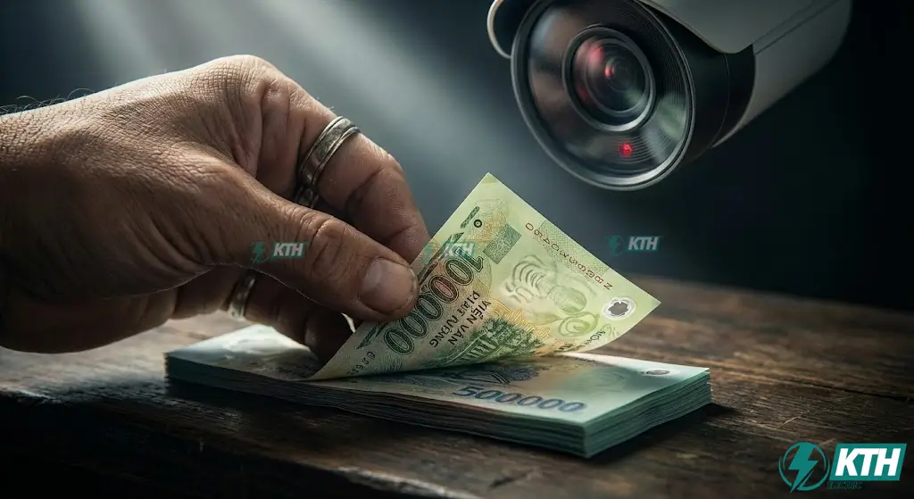 Camera quan sát quầy thu ngân độ nét cao soi rõ mệnh giá tiền và chi tiết giao dịch tài chính.