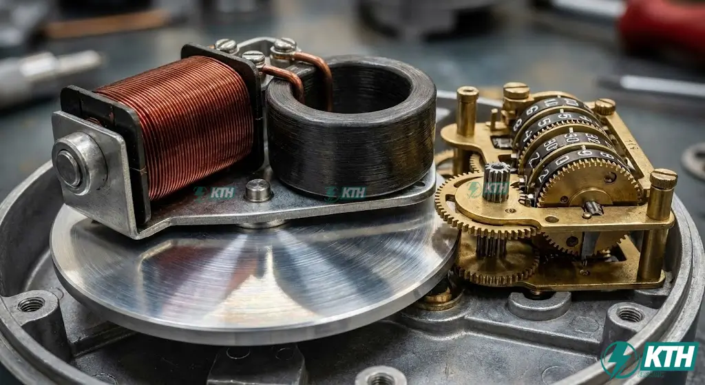 Cấu tạo bên trong công tơ điện cơ gồm cuộn dòng, cuộn áp, đĩa nhôm và bộ ghi số.