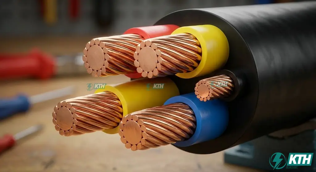 Hình ảnh mặt cắt ngang cấu tạo cáp điện 3 pha 4 lõi (3 dây pha + 1 dây trung tính) với ruột đồng tinh khiết và lớp cách điện XLPE/PVC chất lượng cao.