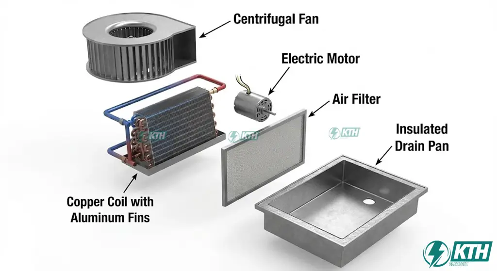Sơ đồ cấu tạo chi tiết các bộ phận bên trong dàn lạnh FCU bao gồm quạt lồng sóc, dàn coil ống đồng và máng nước ngưng.
