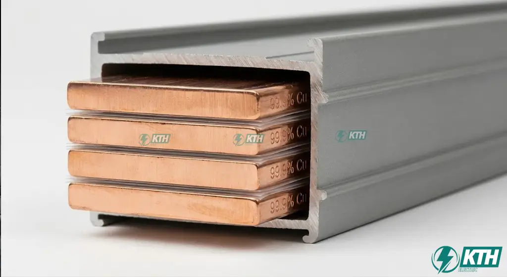 Cấu tạo mặt cắt ngang thanh cái Busway kiểu Sandwich với lõi đồng tinh khiết 99.9% và lớp cách điện Mylar chịu nhiệt độ cao.