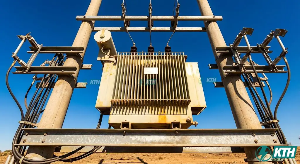 Cấu tạo trạm biến áp giàn 560kVA với máy biến áp đặt trên đà sắt và hệ thống đo đếm trung thế.