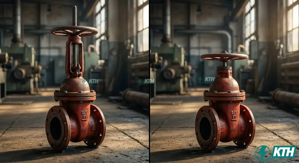 Hình ảnh so sánh trực quan giữa van cổng ty nổi (trục van nhô cao khi mở) và van cổng ty chìm (nhỏ gọn) đặt cạnh nhau trong nhà máy.