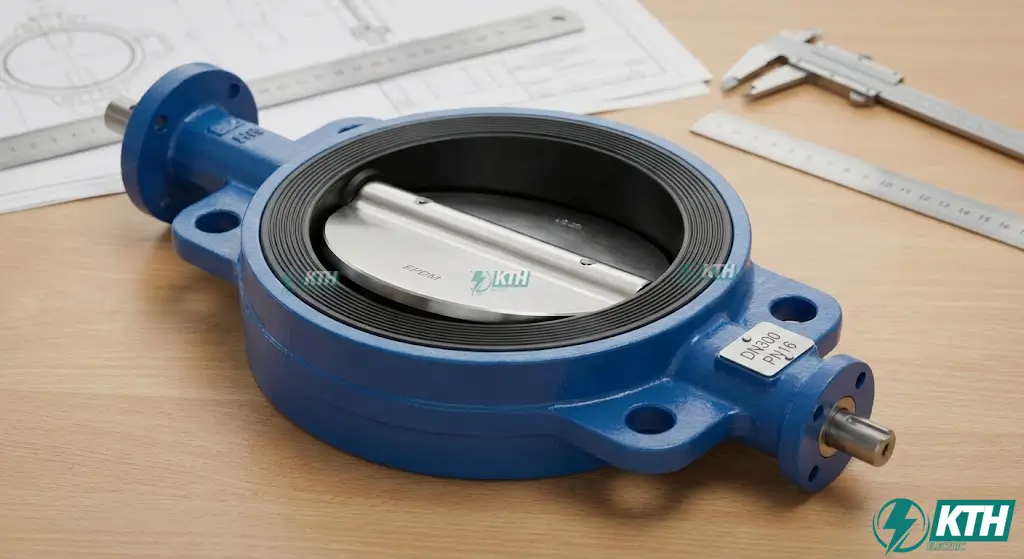 Cận cảnh van bướm công nghiệp kiểu kẹp (wafer) kích thước lớn với thân gang dẻo sơn epoxy xanh và đĩa inox, hiển thị rõ gioăng làm kín EPDM.