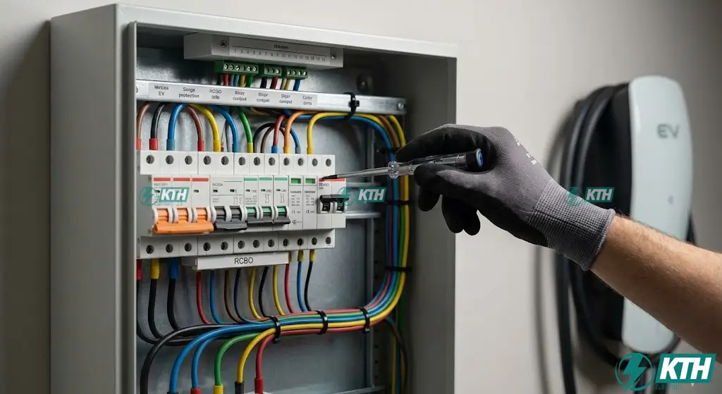 Hệ thống tủ điện bảo vệ cho trạm sạc tại nhà bao gồm Aptomat RCBO và thiết bị chống sét lan truyền được thi công chuẩn kỹ thuật.