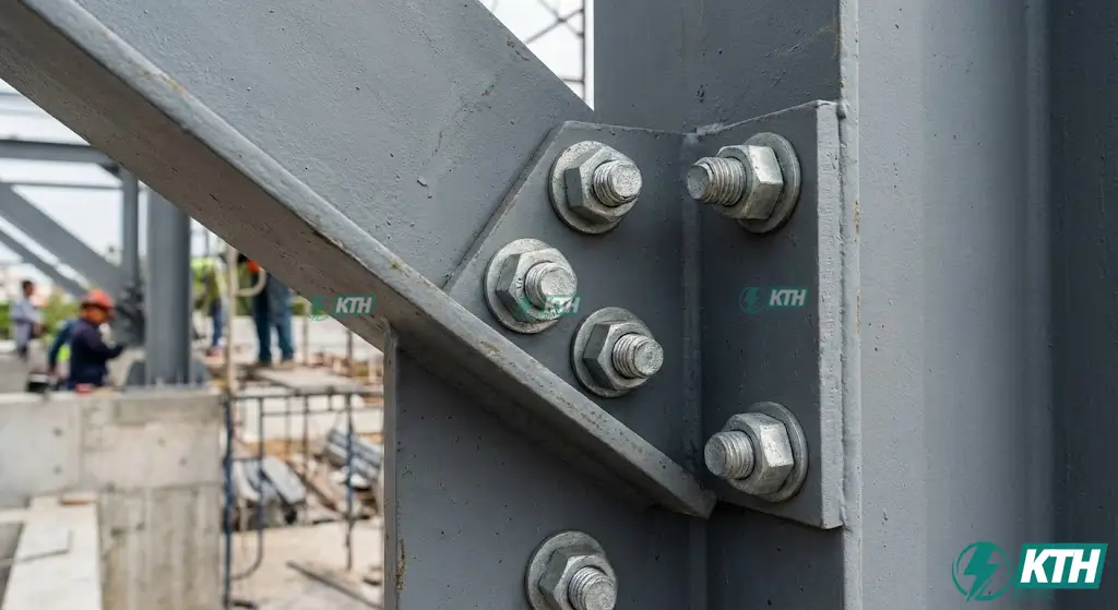 10+ Mẫu Bản Vẽ Kết Cấu Thép Nhà Xưởng (File CAD Full) & Cách Đọc 2026 2 Chi tiết cấu tạo liên kết nách khung và bu lông cường độ cao trong bản vẽ thi công nhà xưởng.