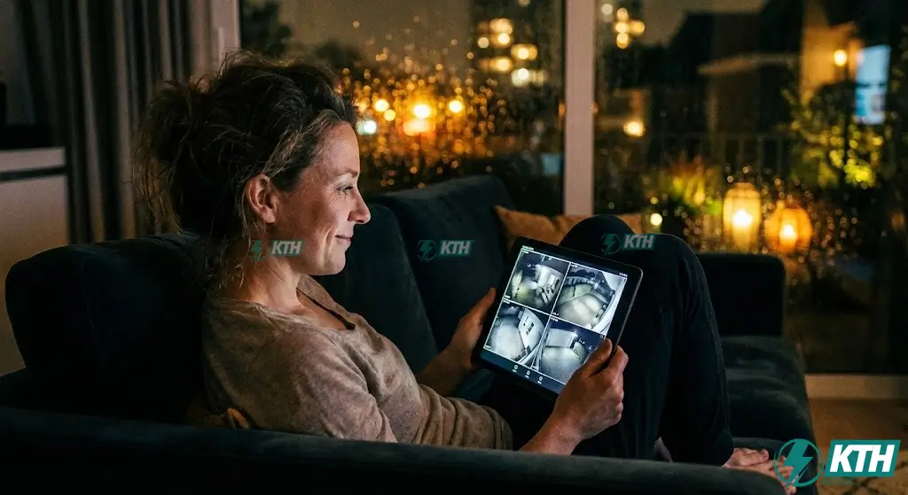 Người dùng đang xem hình ảnh rõ nét từ hệ thống camera giám sát an ninh gia đình trên máy tính bảng vào ban đêm, cảm giác an tâm và kiểm soát.