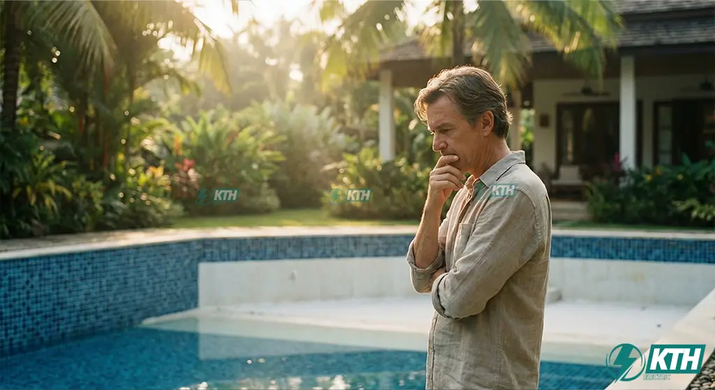 Chủ nhà lo lắng kiểm tra mực nước hồ bơi bị tụt giảm bất thường do rò rỉ ngầm, lộ rõ vệt nước cũ trên thành bể.