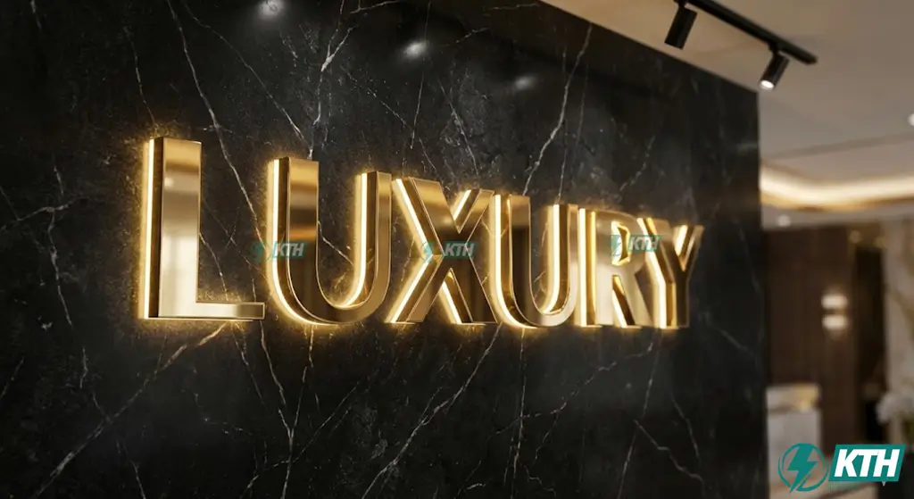 Mẫu chữ nổi Inox vàng gương 304 sáng chân đèn LED hắt tường lắp đặt trên nền đá Marble sang trọng cho Spa và Khách sạn.