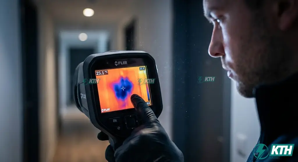 Màn hình camera nhiệt chuyên dụng hiển thị vùng ẩm ướt màu xanh lạnh (điểm rò rỉ nước) ẩn sau tường gạch mà mắt thường không thấy, giúp định vị không cần đục phá.
