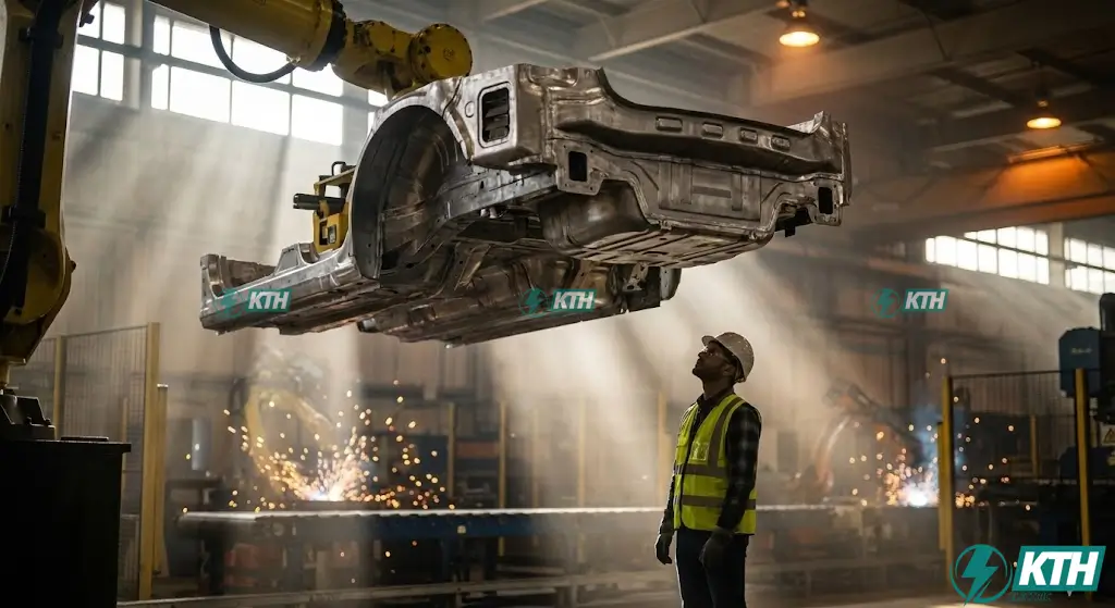 So Sánh Tesla, BYD & VinFast 2026: Phân Tích Kỹ Thuật Từ Kỹ Sư Điện 3 Kỹ sư kiểm tra khung gầm xe điện được sản xuất bằng công nghệ đúc nguyên khối Gigacasting, giúp giảm thiểu hàng ngàn điểm nối và tối ưu hóa điện trở tiếp xúc mass trong hệ thống điện.