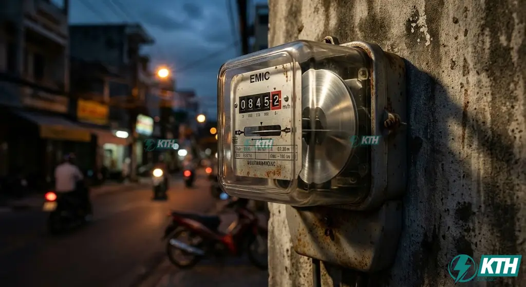 Hình ảnh cận cảnh công tơ điện cơ khí Emic chính hãng hiển thị rõ chỉ số kWh và đĩa nhôm quay trên tường.
