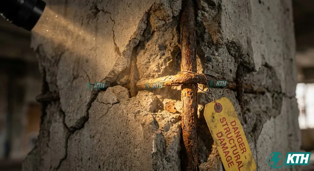 Cận cảnh cột bê tông nhà cũ bị nứt lộ cốt thép rỉ sét do hiện tượng carbonat hóa cần gia cố kết cấu gấp.