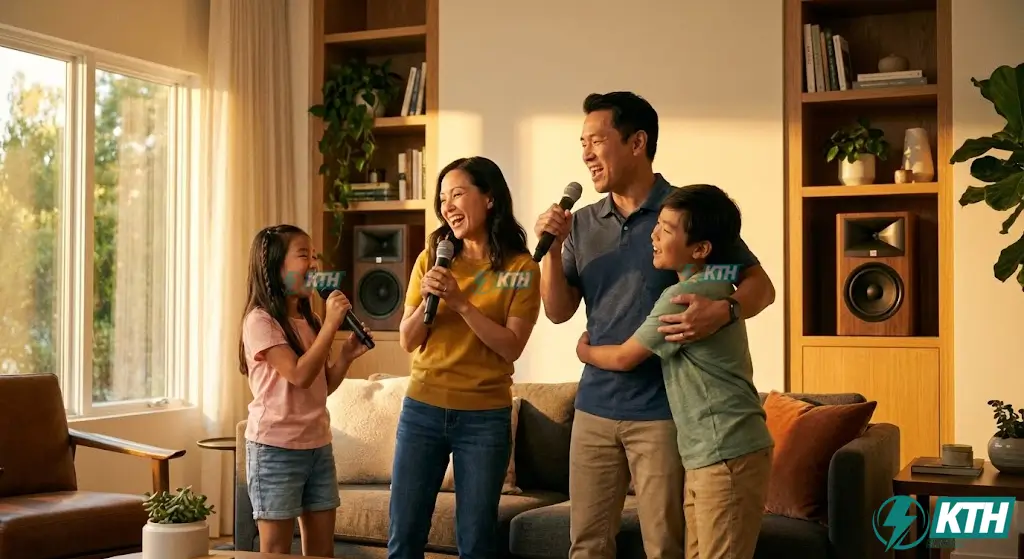 Gia đình Việt Nam vui vẻ hát karaoke với dàn âm thanh gia đình cao cấp lắp đặt bởi KTH Electric.
