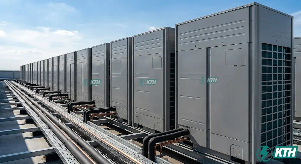 Điều Hòa Công Nghiệp 2026: Cẩm Nang Báo Giá & Thi Công A-Z 3 Dàn nóng hệ thống điều hòa trung tâm VRV VRF lắp đặt trên mái tòa nhà văn phòng với hệ thống đường ống đồng chuyên nghiệp.