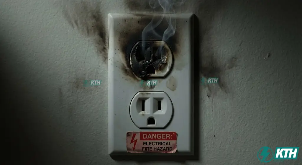 Dấu hiệu nhận biết ổ cắm điện bị chập cháy với vết đen và nhựa nóng chảy do quá tải dòng điện