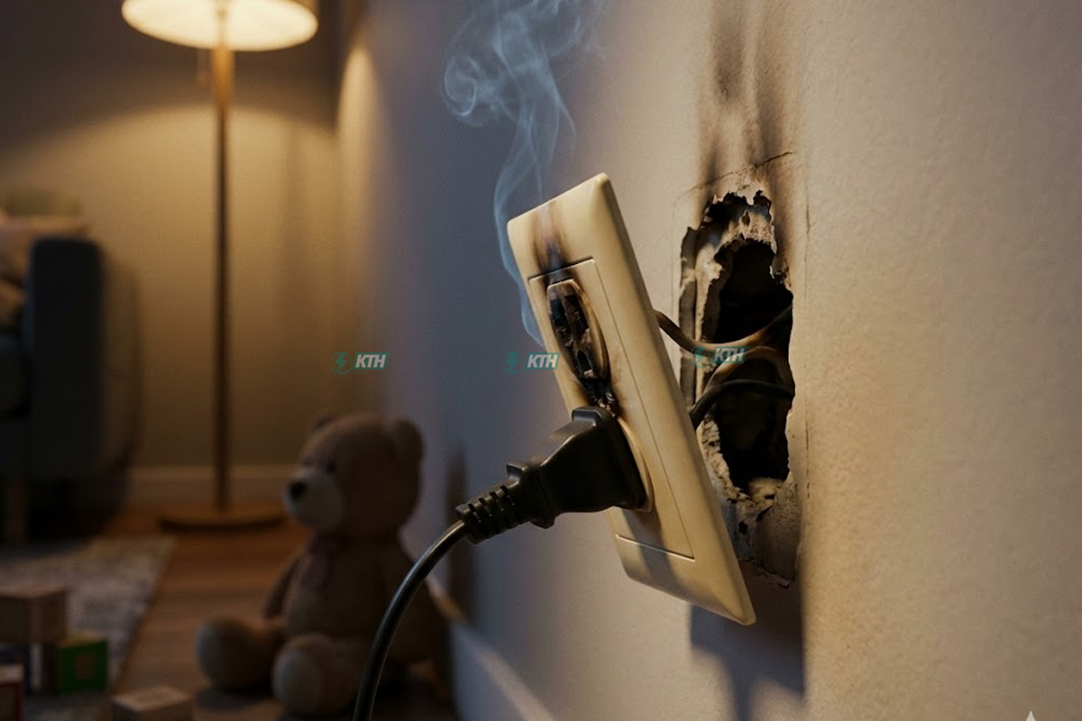 Dấu hiệu ổ cắm điện bị lỏng chân, nhựa bị chảy xém đen cảnh báo nguy cơ chập điện và hỏa hoạn cần thay thế ngay.